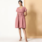 Front View of a Model wearing Powder Pink Warm Cotton Flannel Knee Length Frilled Dress