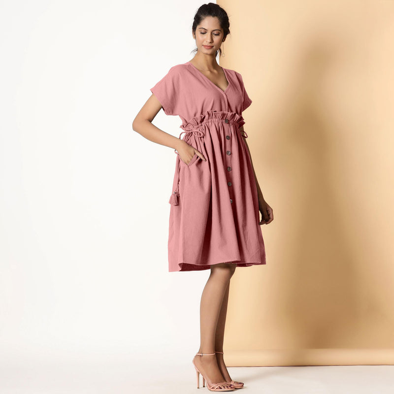 Right View of a Model wearing Powder Pink Warm Cotton Flannel Knee Length Frilled Dress
