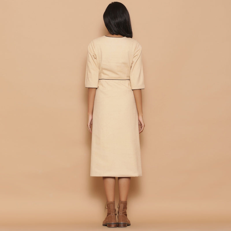 Back View of a Model wearing Warm Reversible Slim Fit A-Line Slit Dress
