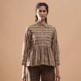 Front View of a Model wearing Beige Floral Warm Block Print Cotton Shirt