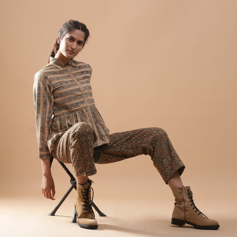 Right View of a Model wearing Warm Striped Shirt and Muddy Green Pant Set
