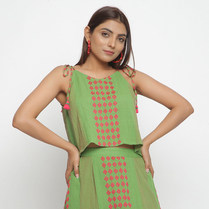 Front Detail of a Model wearing Green Crinkled Cotton Top and Skirt Set