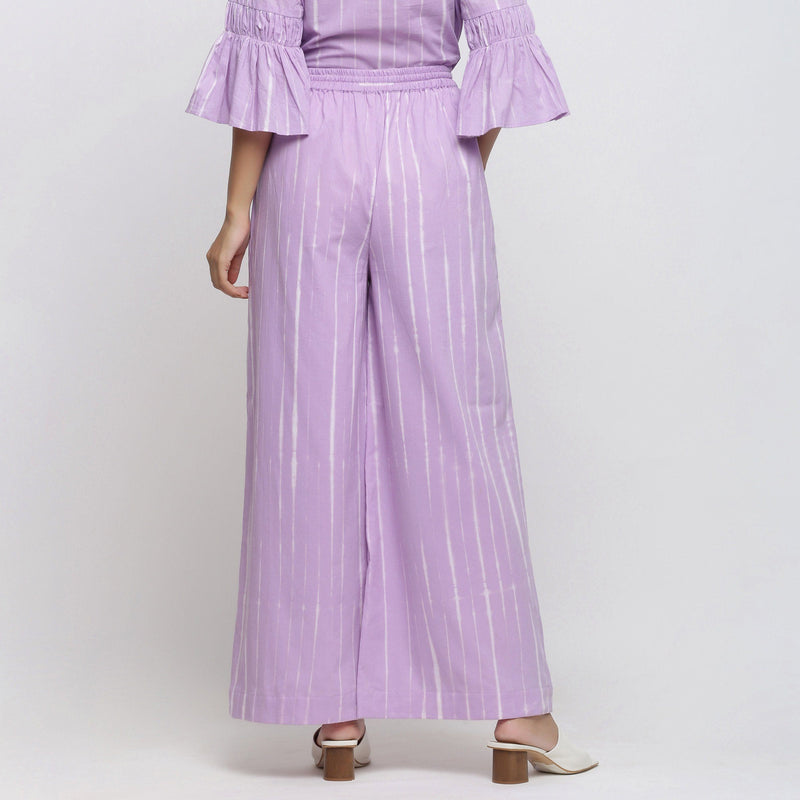 Back View of a Model wearing Lavender Tie Dye Wide Legged Palazzo Pant