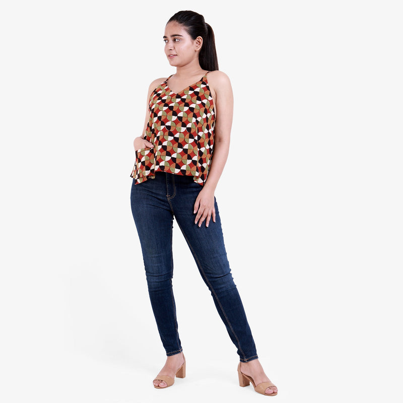 Front View of a Model wearing Natural Dyed Cotton Block Print Spaghetti Top