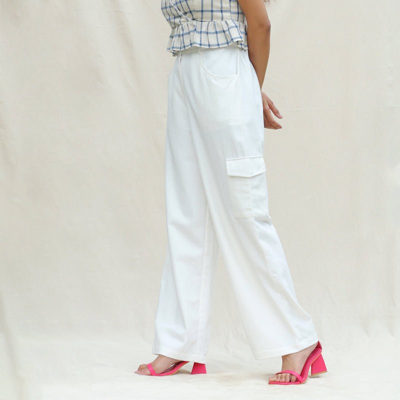 Left View of a Model wearing White 100% Cotton Elasticated High-Rise Cargo Pant