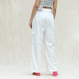 Back View of a Model wearing White 100% Cotton Elasticated High-Rise Cargo Pant