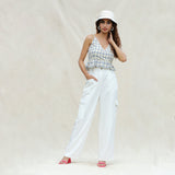Front View of a Model wearing White 100% Cotton Elasticated High-Rise Cargo Pant