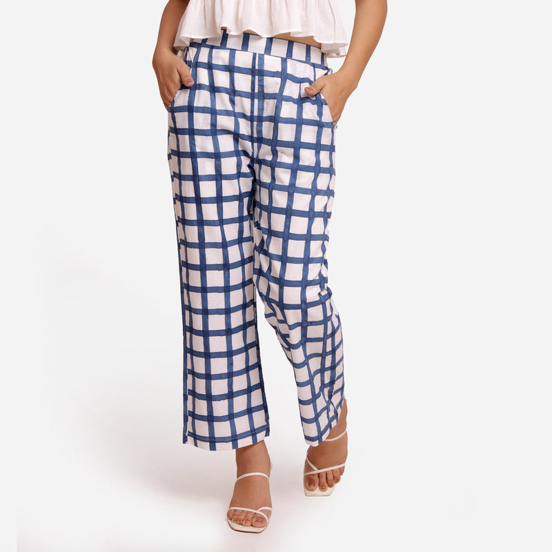 Front View of a Model wearing White and Blue Checks Block Print Ankle Length Cotton Pant