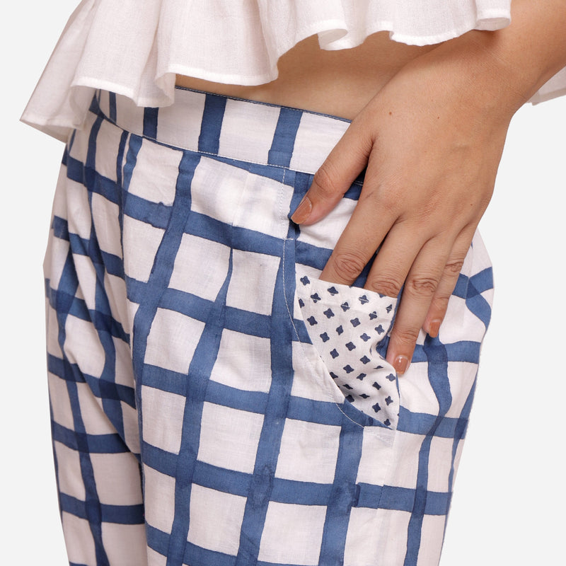 Front Detail of a Model wearing White and Blue Checks Block Print Ankle Length Cotton Pant
