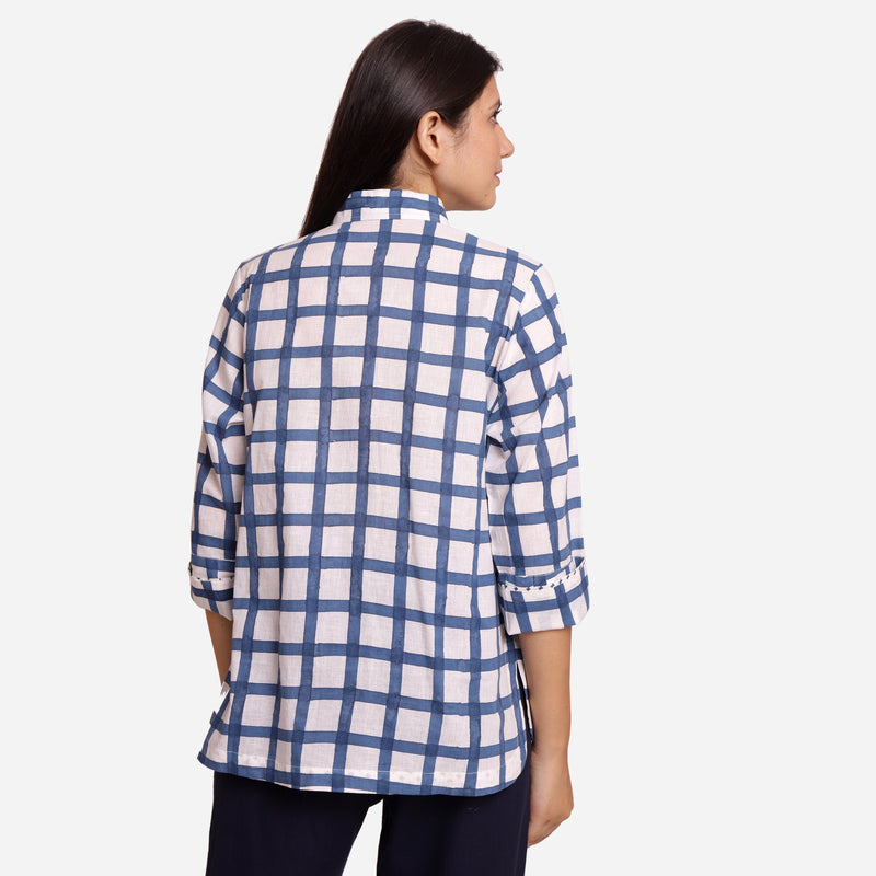 Back View of a Model wearing White and Blue Button Down Check Shirt