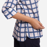 Right Detail of a Model wearing White and Blue Button Down Check Shirt