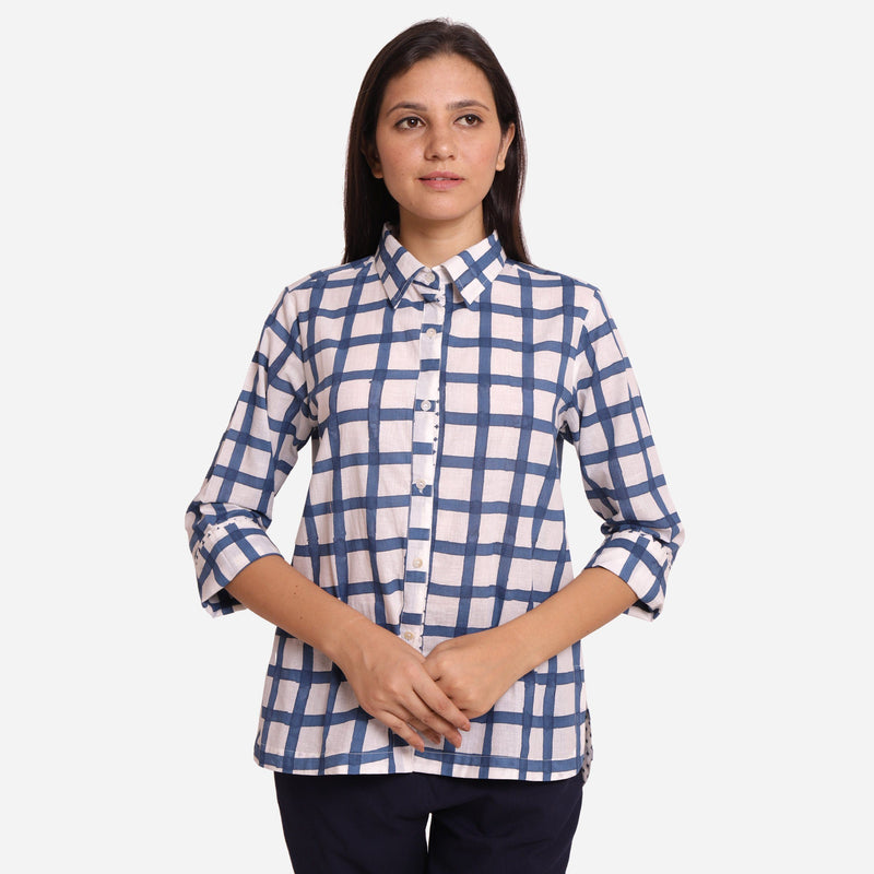 Front View of a Model wearing White and Blue Button Down Check Shirt