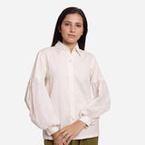 Front View of a Model wearing White Bishop Sleeve Cotton Shirt