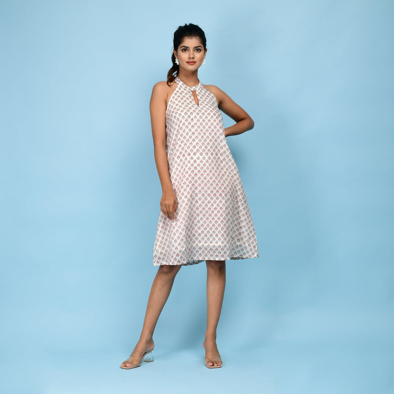 Front View of a Model wearing White Block Printed Cotton Knee Length Dress