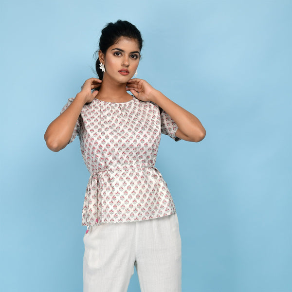 Front View of a Model wearing White Floral Block Printed Cotton A-Line Top