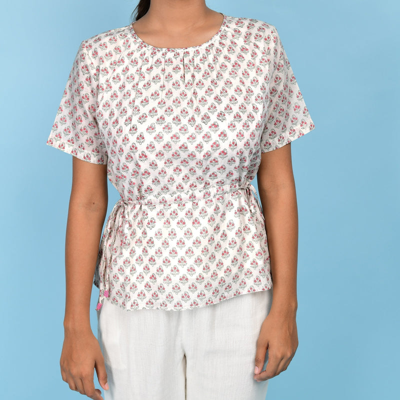 Front Detail of a Model wearing White Floral Block Printed Cotton A-Line Top