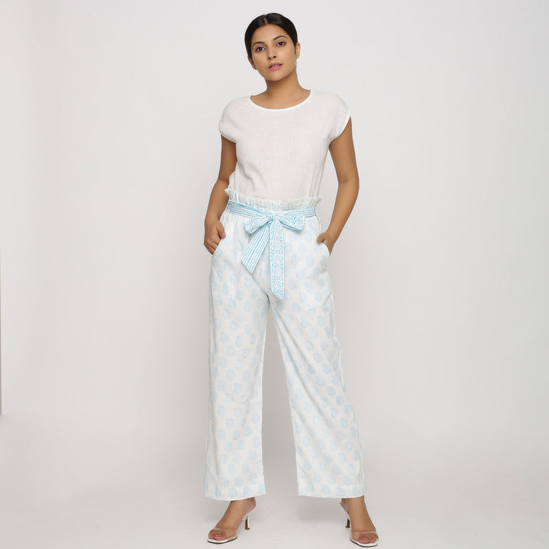 Front View of a Model wearing White Paisley Block Printed Paperbag Cotton Pant
