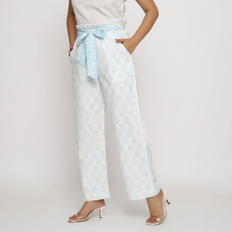 Left View of a Model wearing White Paisley Block Printed Paperbag Cotton Pant
