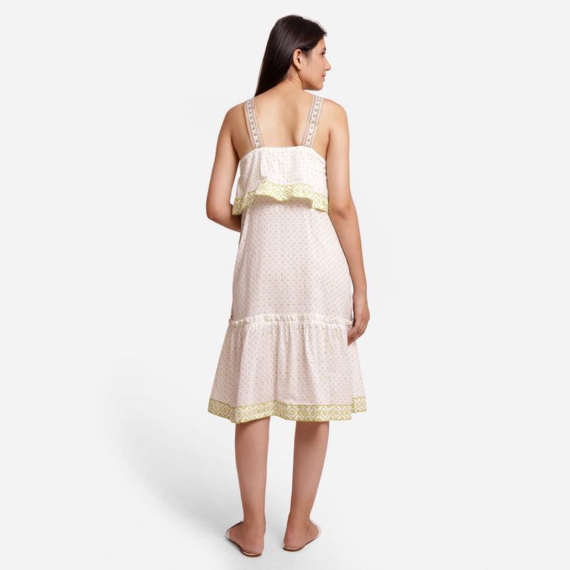 Back View of a Model wearing White Block Printed Cotton Midi Slip Dress