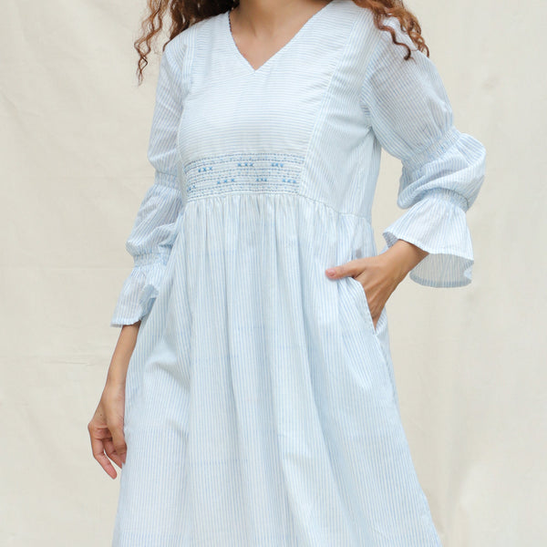 Front Detail of a Model wearing White and Blue Block Printed Cotton Striped Bohemian Midi Dress