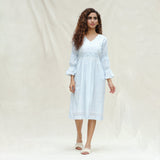 Front View of a Model wearing White and Blue Block Printed Cotton Striped Bohemian Midi Dress