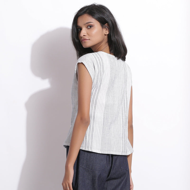 Back View of a Model wearing White Blue Striped Cotton Straight Top