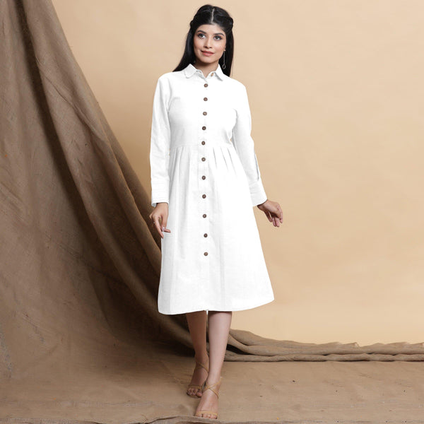 Front View of a Model wearing White Button Down Cotton Flax Knee Length Formal Dress