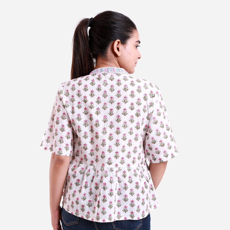 Back View of a Model wearing White Block Print Cotton Lace Mandarin Collar Top
