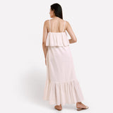 Back View of a Model wearing White Camisole Frilled Maxi Dress