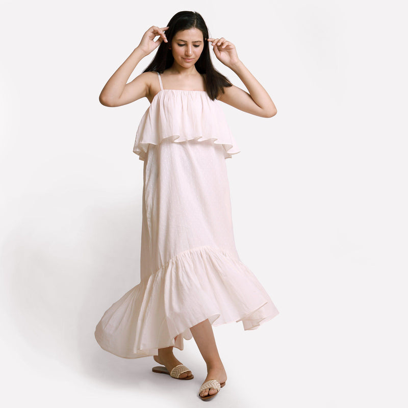 Front View of a Model wearing White Camisole Frilled Maxi Dress