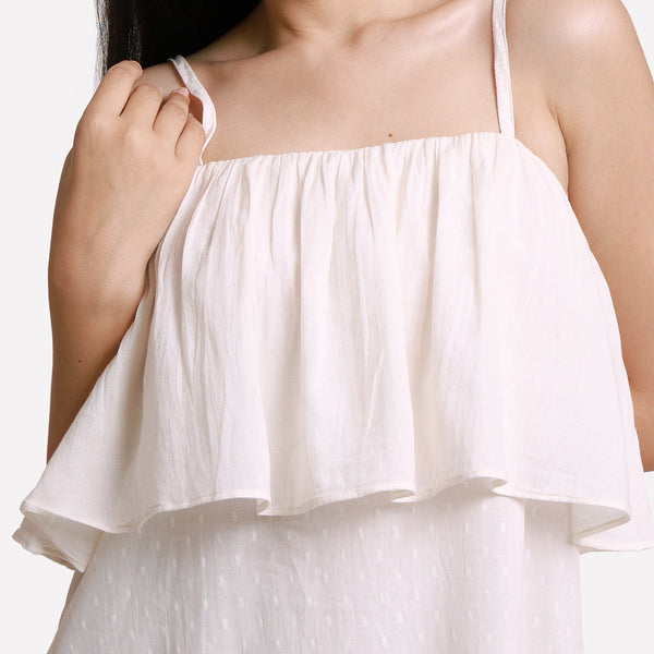 Front Detail of a Model wearing White Camisole Frilled Maxi Dress