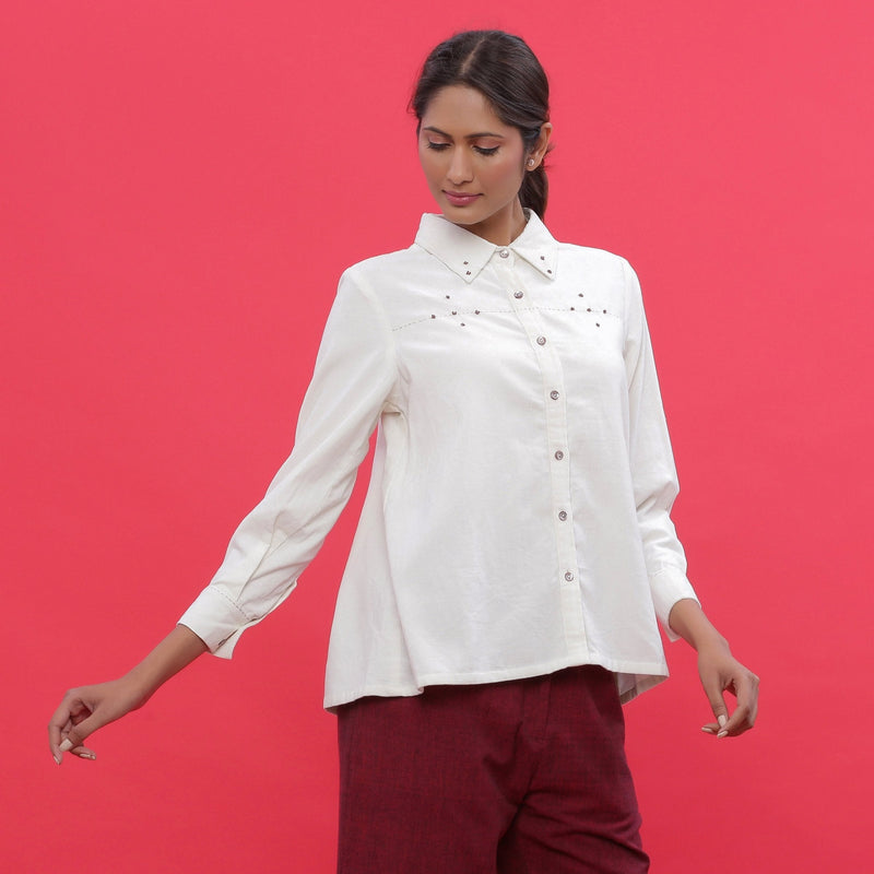 Right View of a Model wearing White Warm Cotton Corduroy Hand-Beaded Shirt