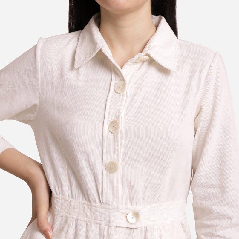 Front Detail of a Model wearing White Cotton Corduroy Regular Fit Overalls