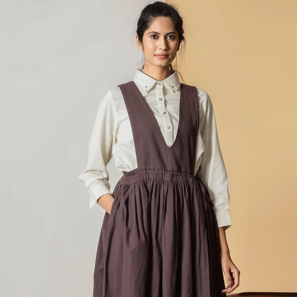 Front Detail of a Model wearing White Corduroy Shirt and Brown Wrap Dress Set