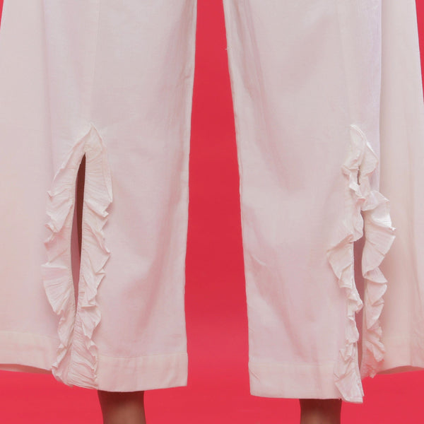 Front Detail of a Model wearing White Corduroy Slit Wide-Leg Pant