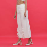 Left View of a Model wearing White Corduroy Slit Wide-Leg Pant