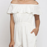 Front Detail of a Model wearing White Warm Cotton Corduroy Frilled Ankle Length Jumpsuit