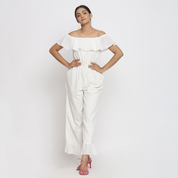 Front View of a Model wearing White Warm Cotton Corduroy Frilled Ankle Length Jumpsuit