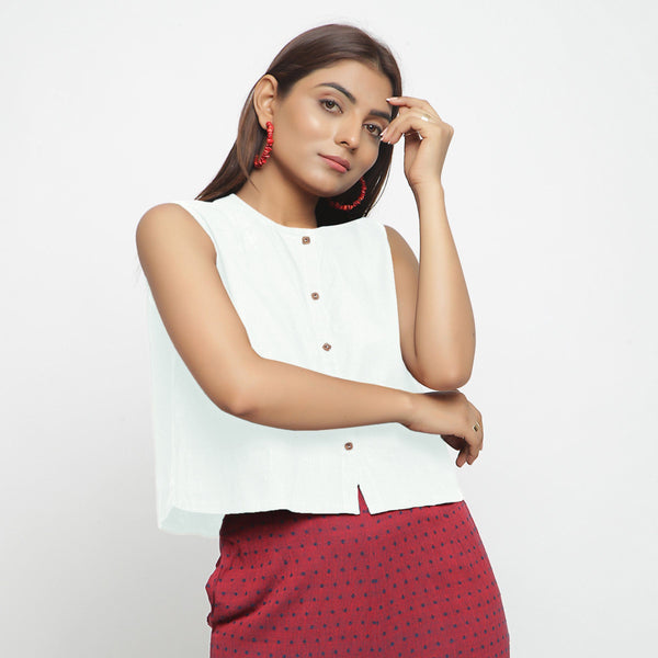 Front View of a Model wearing White Cotton Flax Button-Down Shirt