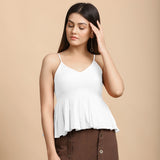 Front View of a Model wearing White Cotton Flax Slim Fit Pleated Camisole Top