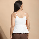 Back View of a Model wearing White Cotton Flax Slim Fit Pleated Camisole Top