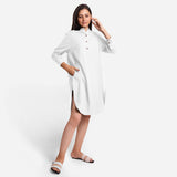 Front View of a Model wearing White Cotton Flax Shirt Dress