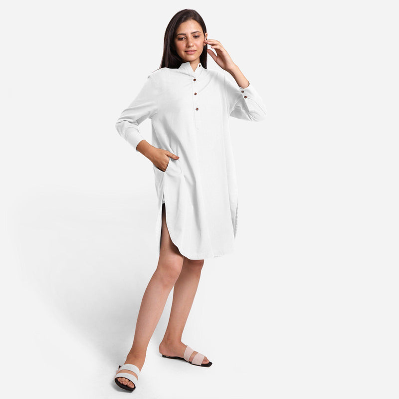 Front View of a Model wearing White Cotton Flax Shirt Dress