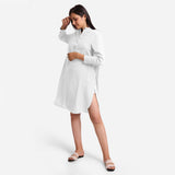 Left View of a Model wearing White Cotton Flax Shirt Dress