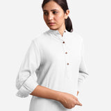 Front Detail of a Model wearing White Cotton Flax Shirt Dress