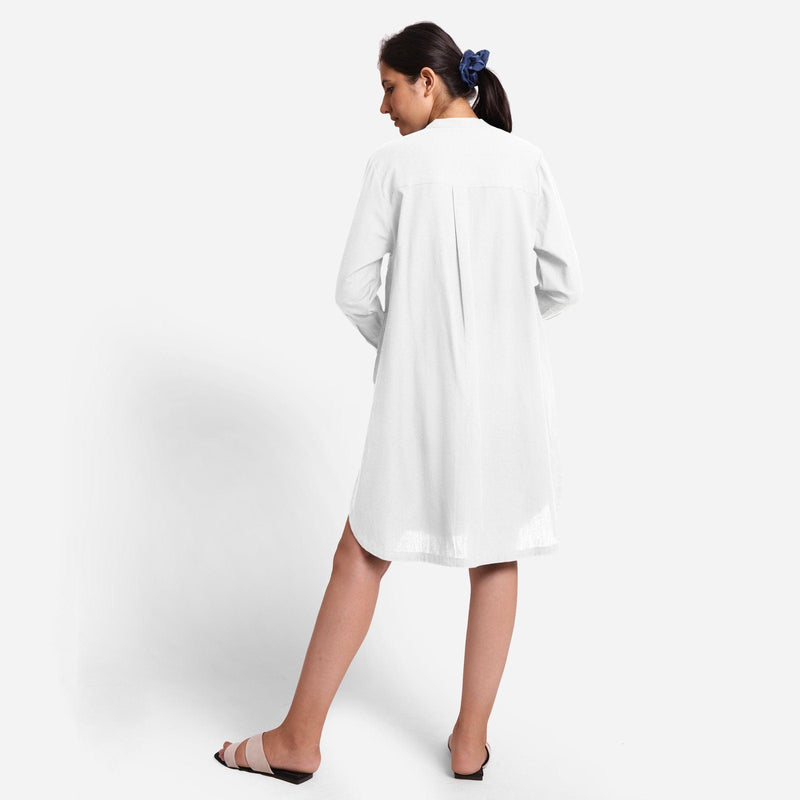 Back View of a Model wearing White Cotton Flax Shirt Dress