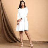 White Cotton Flax Square Neck Pleated Short Dress