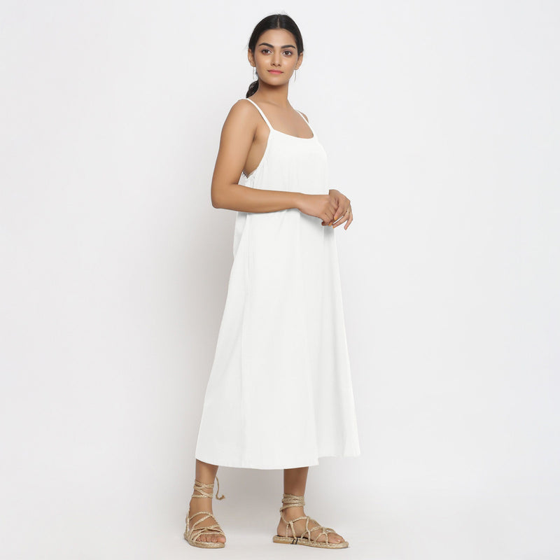 Right View of a Model wearing White Cotton Flax Strap Sleeve A-Line Dress