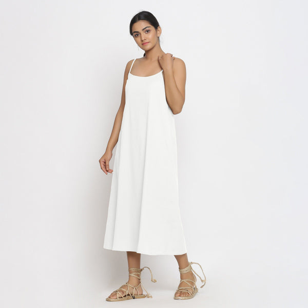Front View of a Model wearing White Cotton Flax Strap Sleeve A-Line Dress