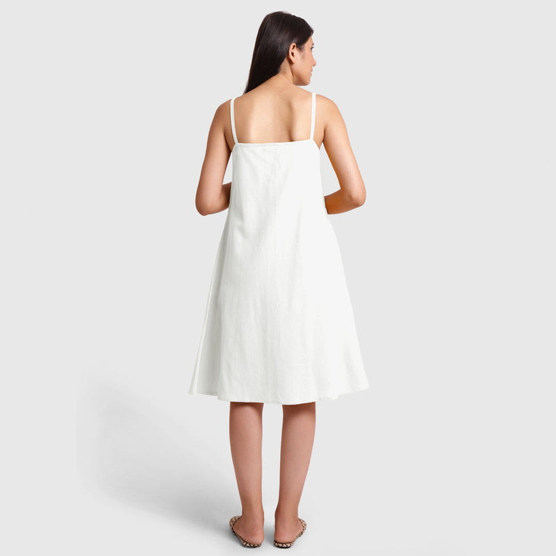 Back View of a Model wearing White Cotton Flax Strappy Slit Dress